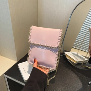 Women PU Leather Cell Phone Crossbody Bag With Golden Chain Decoration And Braided Edge Vertical Mini Square Shoulder Bag