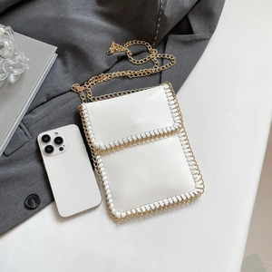 White minimalist PU leather mobile phone crossbody bag with gold chain trim and shoulder strap