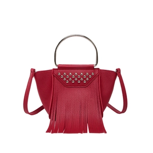 Red pebbled leather bucket bag with silver metal handle, rivet studs, and long fringes