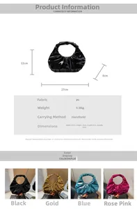 Detailed size chart and multi-color options for the ruched mini cloud handbag