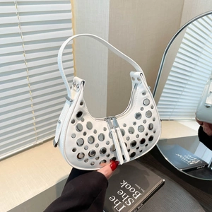 Women Crescent Hobo Bag With Silver Metal Rivets Punk Y2K Style PU Leather Underarm Shoulder Bag For Daily Fashion