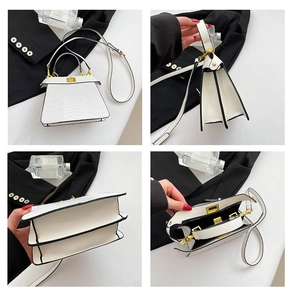 Detailed views of white crocodile pattern bag with gold twist lock and dual compartments