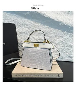 Detailed view of white crocodile texture handbag with gold twist lock on books