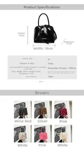 Detailed size specifications for glossy PU leather handbag with 108cm shoulder strap