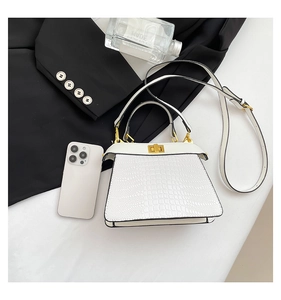 Detailed view of white crocodile pattern texture with elegant gold twist lock closure
