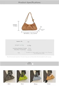 Detailed size specifications and color options for the pleated PU leather dumpling bag