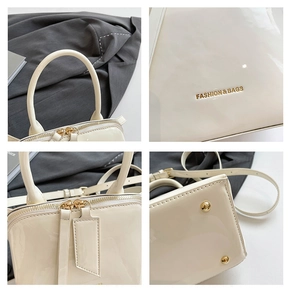 Detailed views of beige patent leather bag featuring gold hardware and zipper finish
