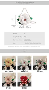 Detailed size chart and multi-color view of camellia flower crossbody bag with pearl handle