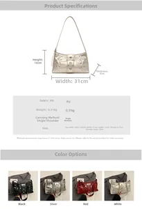 Detail view of the silver studded underarm bag with dimensions and material specs