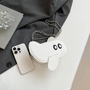 Cute white ghost shaped mini crossbody bag with silver bead chain strap and black eyes