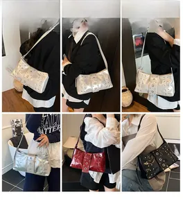 Detail shots of studded motorcycle shoulder bags in silver, burgundy, and black leather