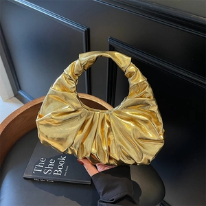 Ruched Handbag Metallic PU Leather Pleated Cloud Bag Evening Party Wedding Wrist Bag Y2K Fashion Women Elegant Glossy