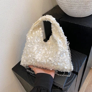 Sparkly Sequin Handbag For Women Metal Chain Strap Triangular Crossbody Shoulder Bag Evening Party Style Chic