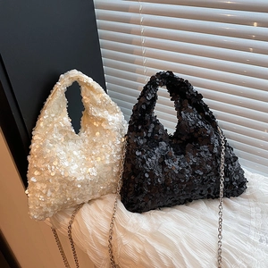 Chic sequined handbags in white and black with silver chain straps and top handles