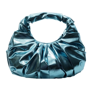 Metallic blue ruched wristlet handbag with semi-moon shape and glossy finish