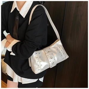 Silver metallic punk underarm bag with silver rivets and sleek decorative buckle