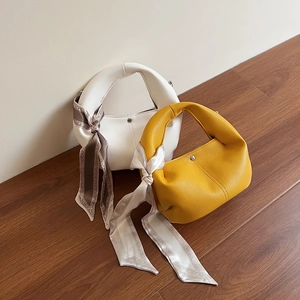 Women PU Leather Dumpling Hobo Handbag With Satin Scarf Litchi Grain Shoulder Crossbody Bag Minimalist French Style