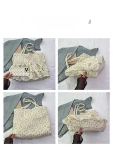 Detail views of floral canvas tote bag with ruffled layers and size comparison with phone