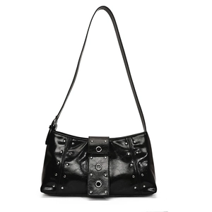 Black patent leather underarm bag with silver studs and adjustable shoulder strap