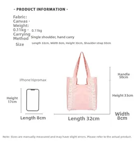 Pink canvas tote bag size dimensions 32x33cm compared with iPhone 16 Pro Max