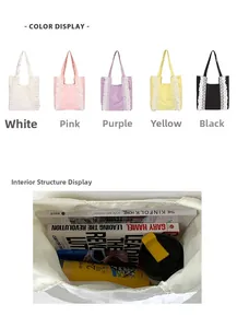 Detail view of large canvas tote bag showing five color options and spacious interior