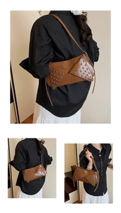 Détails du sac en cuir marron avec coutures géométriques et rivets argentés chic