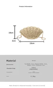 Detailed size specifications for shell shaped straw crossbody bag with golden chain