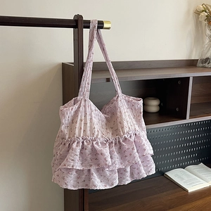 Women Floral Ruffle Tote Bag Large Capacity Canvas Fabric Casual Shoulder Handbag Sweet Pastoral Style For Daily Use
