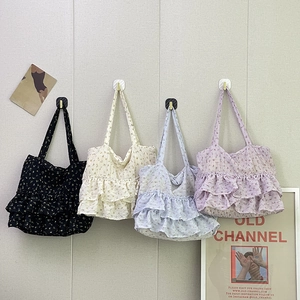 Floral pleated fabric tote bags in black, beige, blue and purple, minimalist style