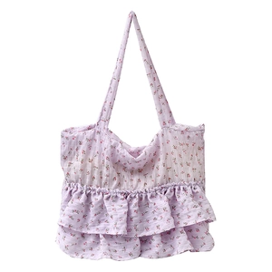 Lavender floral canvas tote bag with ruffle details and large capacity for women