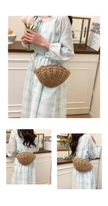 Three views of a shell-shaped woven straw bag with gold chain strap on a model