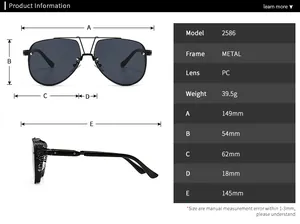Size chart for model 2586 retro punk sunglasses showing precise frame and lens measurements