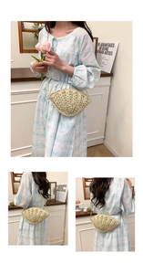 Detail of shell-shaped woven crossbody bag featuring a golden metal chain strap
