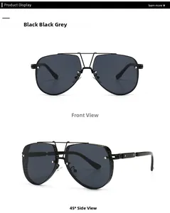 Detail view of aviator sunglasses featuring black metal frames and hollow side shields
