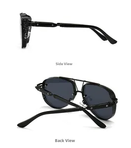 Detail view of retro punk aviator sunglasses featuring side metal mesh shields and screws