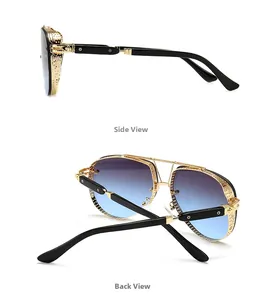 Detail of gold metal frame with side hollow patterns on aviator sunglasses