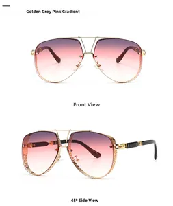 Detailed view of pilot sunglasses with gold metal frames and purple pink gradient lenses