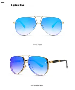 Detail of aviator sunglasses showing gold metal frame with side hollow patterns