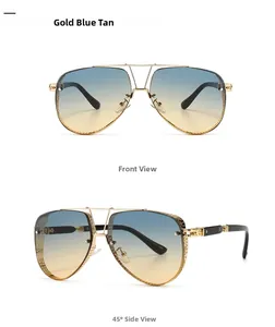 Front and side views of pilot sunglasses with gold metal frames and blue tan gradient lenses