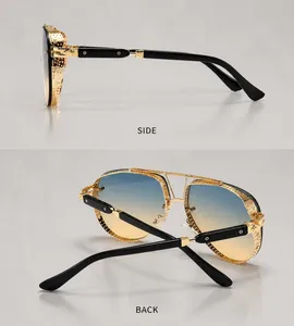 Side view of retro punk aviator sunglasses with gold hollow frames and cross hinges