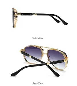 Side and back view of retro aviator sunglasses with gold frame and cross pattern
