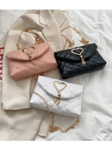 Women Quilted Shoulder Bag PU Leather Rhombus Pattern Heart Shaped Lock Tassel Gold Chain Strap Crossbody Handbag Fashion