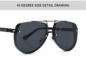 Detailed 45-degree side view of pilot sunglasses with hollow metal wind shields and dual bridge