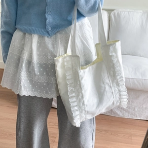 Japanese style white canvas tote bag with delicate lace ruffles and yellow lining