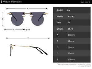 Detailed sizing guide showing frame dimensions for round metal sunglasses