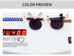 UV400 protection test for rimless sunglasses with purple lenses and gold temples