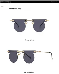 Front and side views of rimless gold metal sunglasses with dark grey geometric lenses