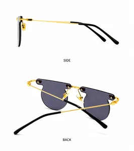 Side and back view of rimless round sunglasses with purple lenses and thin gold temples