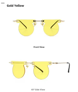 Detail view of gold yellow rimless sunglasses with metal temples and nose pads