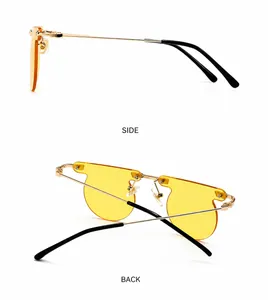 Side and back view of retro yellow lens sunglasses with thin gold metal frame